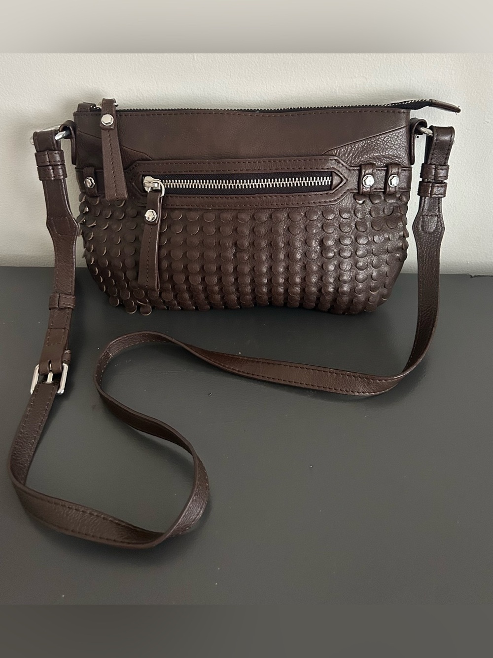 Oryany Brown Woven Leather Crossbody Shoulder Bag Silver Hardware - Picture 4 of 12